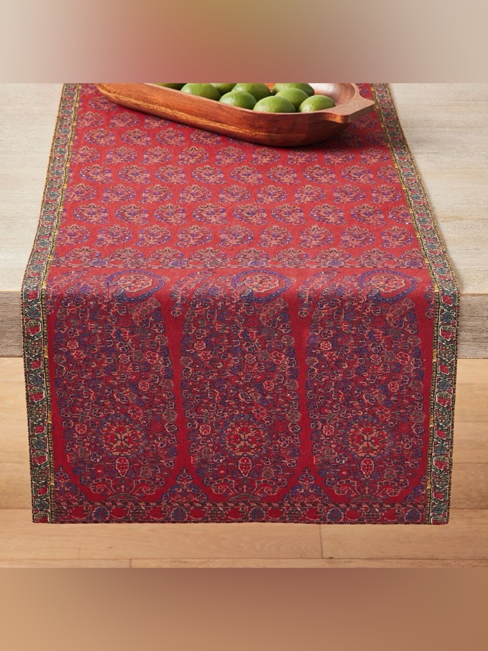 Pottery Barn Bhotah Print Cotton / Linen Blend Table Runner Dining Decor Red NWT